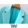 Traf女性のファッションオフィス着用シングルボタン緩いブレザーコートビンテージ長袖ポケット女性の上着シックトップ210415