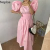 Neploe Maxi Dress Women Square Collar Puff Short Sleeve Dresses Korean Chic Summer Slim Waist Temperament Pink Vestidos Mujer 210422