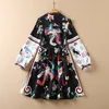 2021 Fall Autumn Long Sleeve Stand Collar Black Floral Phoenix Print Panelled Buttons Knee-Length Dress Elegant Casual Dresses 21O151013