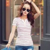 Sommer Tops Frauen Baumwolle Kurzarm V-ausschnitt T-shirt Büro Dame Casual Gestreiften T-shirt Femal Tees Kleidung 3188 50 210508