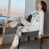 Kvinnors Pajamas Set Luxury Style Fashion Natural Animal Graffiti Sleepwear Kvinna Silk Som Fritid Hem Kläder Nightwear 211105