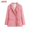 Tangada vrouwen mode kantoor slijtage roze tweed dubbele breasted blazer jas vintage lange mouwen zakken vrouwelijke bovenkleding be911 210609