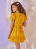 Girls Surplice Neck Puff Sleeve Tiered Hem Belted Dress SHE