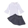 女の子の服は春の秋のボタンの綿の縞模様のトップ+かわいい格子縞のスカートの弓3pcs子供服210515