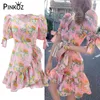 sweet cute pink mini dress for women summer holiday party puff sleeve ruffles designer lace up v-neck birthday dinner 2xl 210421