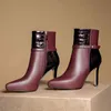 짧은 부츠 여성 신발 정품 가죽 슈퍼 하이힐 숙녀 포인트 발가락 얇은 버클 발목 와인 레드 210517
