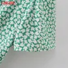 Tangada Summer Women Green Flowers Print French Style Dress Zipper Puff Short Sleeve Ladies Sundress 2M43 210609