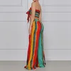 Women Two Piece Pants Set Fashion Strapless Crop Tops And Stripe Wide Leg Pants Suit Female Casual Simple Tracksuits 210521