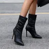 Super High Cool Mid Calf Boots Женские плиссированные шпильки заостренные носки женские туфли осень зима серебро 210517