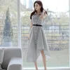 Summer Korean Office Lady Dress Female Elegant OL Turn down Collar Irregular sleeveless Slim Blue stripe Midi Dress 210514