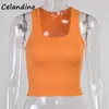 Celandine Fashion Summer Casual Orange Women 2021 Y2K Skinny Tank Tops Off Shoulder Club Sexy Basic Knitted Cropped T Shirt Tops Y0622