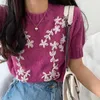 Aelegantmis stickad broderi tröja T-shirts Kvinnor Vintage Floral O Neck Ops Sweet Kawaii Koreanska Pullover Jumpers 210607