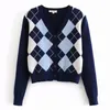 winter argyle knitted cardigans women vintage Korean sweater long sleeven V-Neck s fashion butoon crop 210521