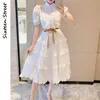 Wit linnen jurk es vrouwen hoge taille elegante korte mouw midden vrouwelijke vintage o-hals vestidos mujer lente 210603