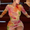 Missakso Floral Print See Through Mesh Dress Streetwear Club Y2K Spring Summer Sexy Bodycon Long Sleeve Mini Dresses 210625