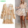 Bahar Elbise Chic Vintage Bohemian Baskı Mini Kadınlar Uzun Kollu Şifon Vestidos Kadın Kemer Pileli Bel Astar 210430
