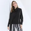 女性のための黒のミニマリストのシャツ襟の長袖Ruched Solid Blouse女性ファッション服秋210524