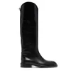 Black Leather Chunky Heels Knee High Boots Rund Toe Slip On Long Med Solid Botas Flat Skor För Kvinnors 211217