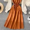 Singreiny Fake из двух частей вязаное платье для женщин дизайн слойки в рукаве шеи a-line платье осень зима корейский a-line платья свитера 210419