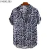 Mäns Leopard Pirnt Shirt Disco Casual Button Down Short Sleeve Hawaiian Shirt Men Tropical Aloha Sexig Beach Wear Chemise Homme 210522