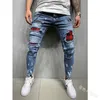 Jeans män märke stilig broderi rippade jean byxor biker skinny slim rak frayed denim byxor hip hop skinny jeans man x0621