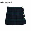 Kvinnor Mini Skirt Vintage Plaid Print Tweed Back Zipper Hög midja Slim Faldas Mujer Side Knappar Chic S 210521