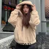 Moda Moda Fala Faux Teddy Hoodies soltos Sweatshirts Vintage Páfões de manga longa Feminino Tops chiques 210507