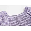 Женские летние фиолетовые плед сладкие блузки и рубашки для дам Корейский грудь Крест ретро квадратный воротник с коротким рукавом INST 210417