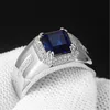 Klasik Kare Mavi Kristal Safir Gemstones Elmas Yüzükler Erkekler Için Beyaz Altın Gümüş Renk Bague Takı Aksesuar Hediyeler