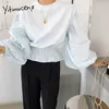 Yitimuceng Blusa Blu Donna con Volant Increspato Top Coreano Moda Manica Lunga Lanterna Camicia da Ufficio Lady Primavera Estate 210601