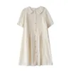Women Beige O Neck Sleeveless Mini Dress Button Elegant Summer D1064 210514