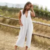 Women Wide-leg Jumpsuits Casual V Neck Sleeveless High Waist Pleated Loose Cotton Linen Romper Summer Solid Female Long Overalls 210526