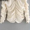 women Fashion With Elastic Gathering Pleated Blouses Vintage V Neck Long Sleeve Female Shirts Blusas Chic Tops 210520