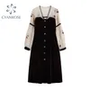 Women Summer Vintage Elegant Mini Dress Apricot Collor Mesh Patchwprk Velvet Long Sleeve es Office Female 210515