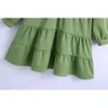 토핑 봄 녹색 블라우스 드레스 여자 더블 포켓 캐스케이션 러프 미니 드레스 여성 흰 드레스 210412