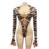 Anjamanor Aestetic Leopard Print Sexiga Tvådelar Outfits för Kvinnor Födelsedagsklubb Jumpsuit 2 Piece Set Bodysuit Leggings D42-DE35 Y0625