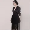 Fashion Runway Sexy V-Neck Womens Tops And Blouses Designer 2 Pieces Set Women's Lace Gauze Patchwork Pleated Skirt Suit 210520