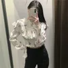 Floral Print Crop Top Women Spring Ruffle Long Sleeve Chic Woman Blouse Fahion Elastic Hem Beautiful Blouses 210519