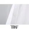 TRAF女性スウィートファッションのファックスパールビーズホワイトブラウスビンテージラペルカラーパフスリーブ女性シャツシックなトップス210415