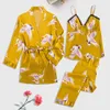 Satin Silk Pijamas Set Crane Print Kvinnor Nattdrelingerie Robes Underkläder Sleepwear Sexig Loungewear Robe Pizama Damska X0526