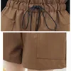 Women Wide Leg Shorts Autumn and Winter Solid A-Line Elastic High Waist Drawstring Korean PU Leather 10905 210506