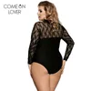 Comeonlover lace up bodysuit floral zie door sexy vrouwen rompertjes plus size body top lange mouwen slanke mesh bodysuit er80372 210720