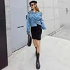 [EAM] Loose Fit Denim Pocket Big Size Asymmetrical Jacket Lapel Long Sleeve Women Coat Fashion Spring Autumn 1DD6382 21512