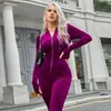 Kvinnors Fall Romper Velvet Jumpsuit 2021 Sexig Solid Lila Stretch Ribbed Långärmad Förpackad Byxor One Piece Bodycon Fitness Jumpsuits