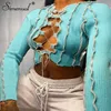 Simenual Patchwork Lace Up Long Sleeve Crop Tops Women Ribbed Sexy Party Knitwear T-Shirt Hollow Out Bodycon Club Tie Front Top Y0629