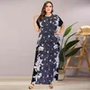 Siskakia Plus Size Vestido Verão Elegante Vintage Imprimir Maxi Vestido Longo O Pescoço De Manga Curta Marinha Azul Mulheres Vestuário Grande Tamanho 210331