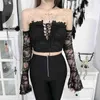 Goth Lace Bandage Black Top Vintage Sexy See Through Off Shoulder Long Sleeve TShirt Women Aesthetic Elegant Bodycon Cropped 210517