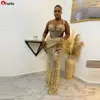 African ASO EBI مثير الذهب الرباط فساتين السهرة مع الهلال الرقبة الوهم طويل الأكمام زائد حجم الخرز يزين مساء فساتين رسمية 5S4