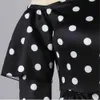 Women Black Dresses Printed Polka Dot Off One Shoulder Ruffles Patchwork Long Sleeve Bodycon Slim Classy Fashion African Female X0521