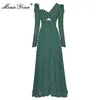 Мода дизайнерские взлетно-посадочные полосы весной женщины платье V-образным вырезом с длинным рукавом плиссированные точки элегантные сексуальные вечеринки платья 210524